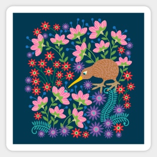 OKARITO KIWI BIRD New Zealand Cute Flightless Birdy Wildlife Nature Comeback Species with Bug and Flowers in Bright Multi-Colours - UnBlink Studio by Jackie Tahara Sticker